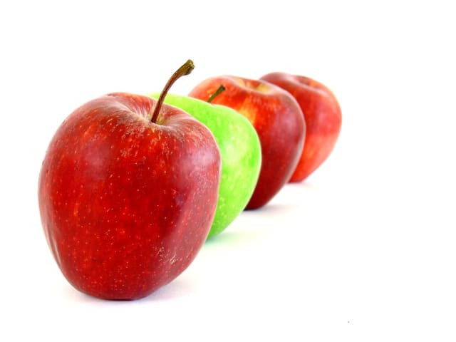 a row of red and green apples