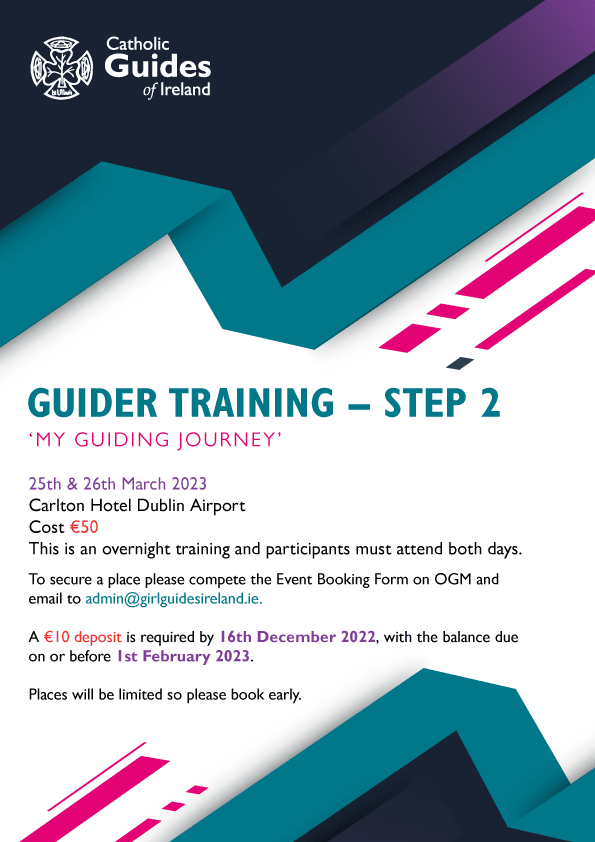 Colourful Poster advertising the Guider TRaining Step 2 in March 2023