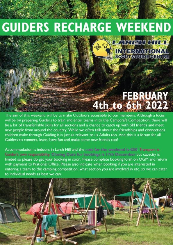 A flier for the Guider Outdoor Recharge weekend taking place from Feb 4th to 6th with some scenes from Larch Hill Guide and Scout center.